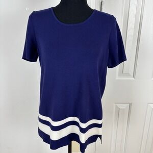 Banana‎ Republic Women's Striped Knit Top Short Sleeve Sweater Navy Blue Medium